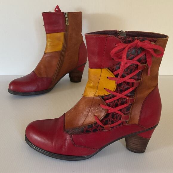 Vintage Laura Vita Bohemian Patchwork Leather Ankle Boots Women’s 8.5 Chunky - Picture 1 of 14